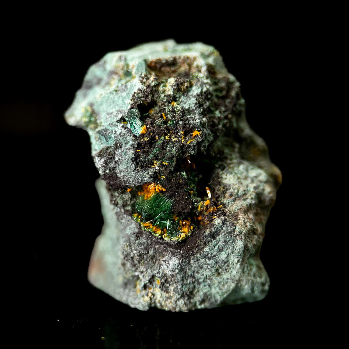 Kasolite w/ Malachite | orange and green crystal, rare mineral specimen from DR Congo