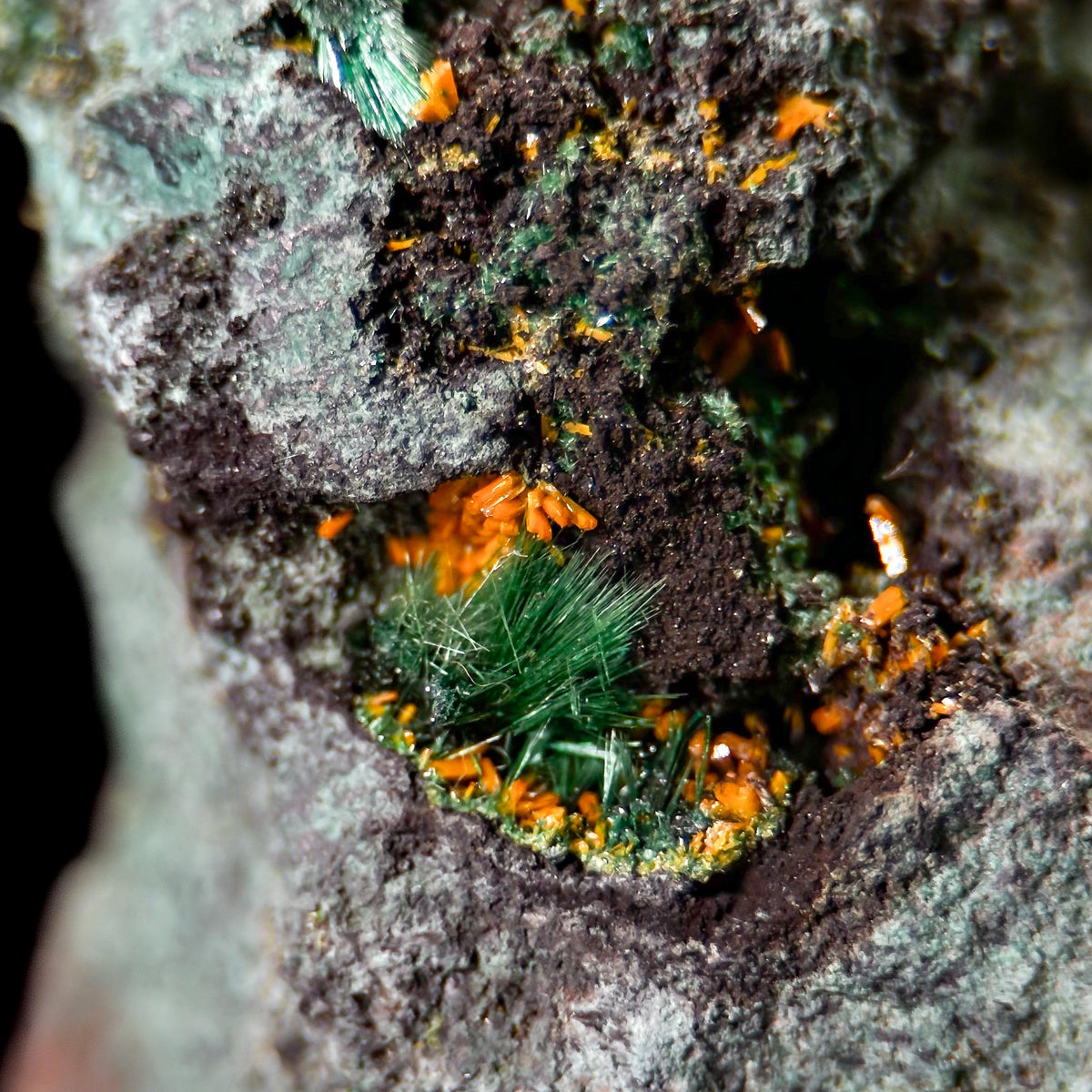 Kasolite w/ Malachite | orange and green crystal, rare mineral specimen from DR Congo