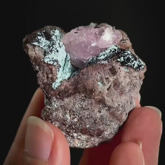 Gem Cobaltoan Calcite with Bisbeeite | translucent pink crystal cluster, mineral specimen