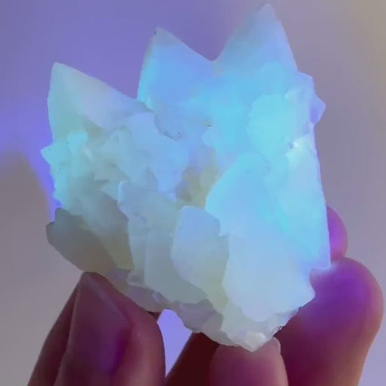 Fluorescent Calcite | UV-reactive raw crystal cluster, natural mineral specimen