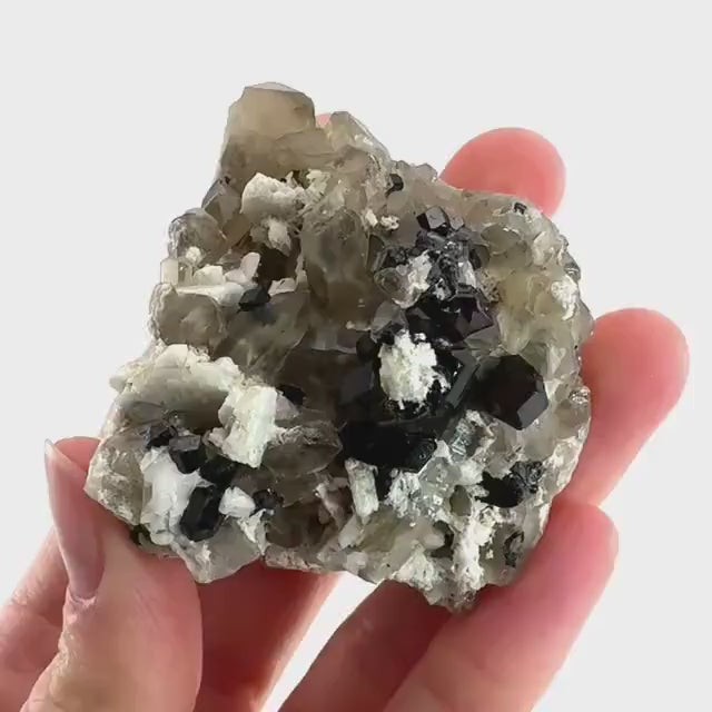 Black Tourmaline on Smoky Quartz | schorl crystal cluster, mineral specimen from Namibia