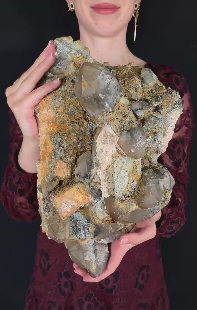 MASSIVE Smoky Quartz with Fluorite, Hyalite Opal, Foitite, & Feldspar | Crystal Cluster from Namibia