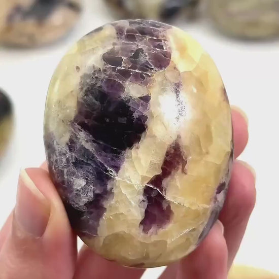 Anhydrite in Calcite Palm Stone | Rare Purple & Yellow Crystal Worry Stone (Crown Chakra)