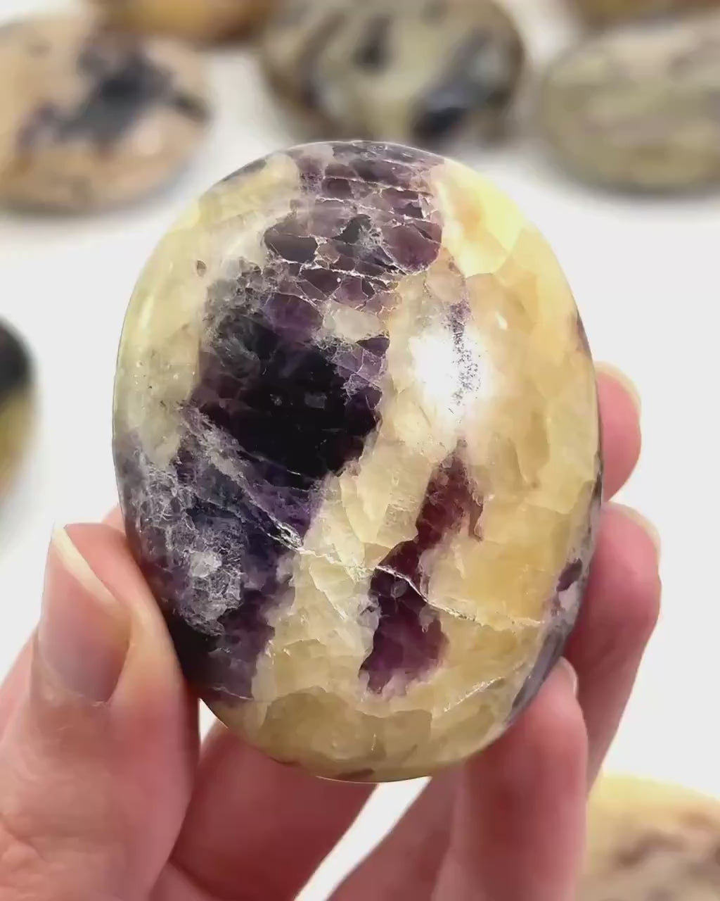 Anhydrite in Calcite Palm Stone | Rare Purple & Yellow Crystal Worry Stone (Crown Chakra)
