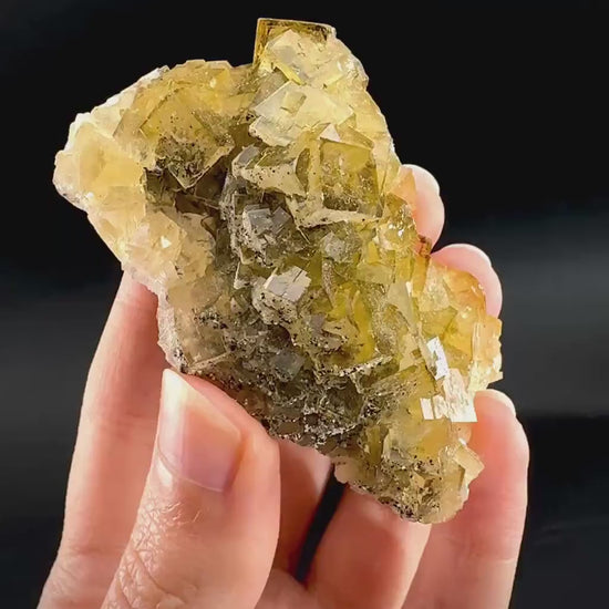 Yellow Fluorite | fluorescent crystal cluster, mineral specimen from Spain