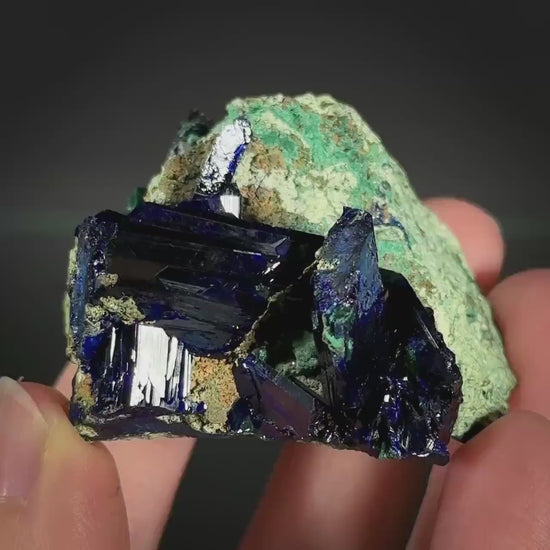 Azurite w/ Malachite (Tsumeb, Namibia), azurite crystal, mineral specimen