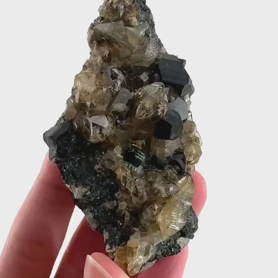 Black Tourmaline on Smoky Quartz | schorl crystal cluster, mineral specimen from Namibia