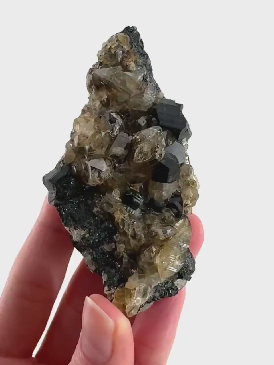 Black Tourmaline on Smoky Quartz | schorl crystal cluster, mineral specimen from Namibia