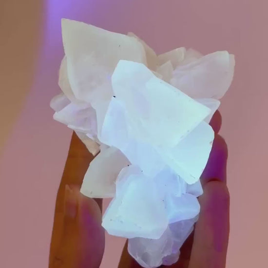 Fluorescent Calcite | UV-reactive raw crystal cluster, natural mineral specimen