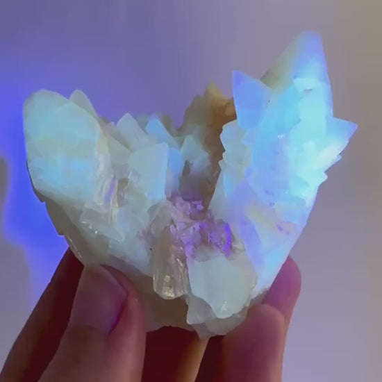 Fluorescent Calcite | UV-reactive raw crystal cluster, natural mineral specimen
