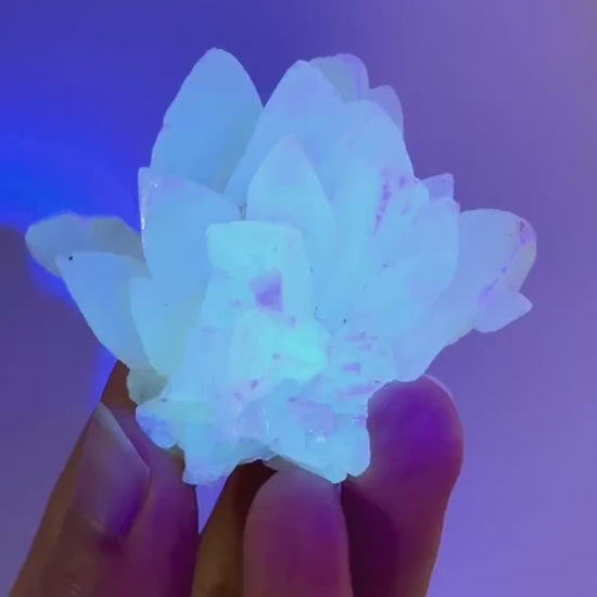 Fluorescent Calcite | UV-reactive raw crystal cluster, natural mineral specimen