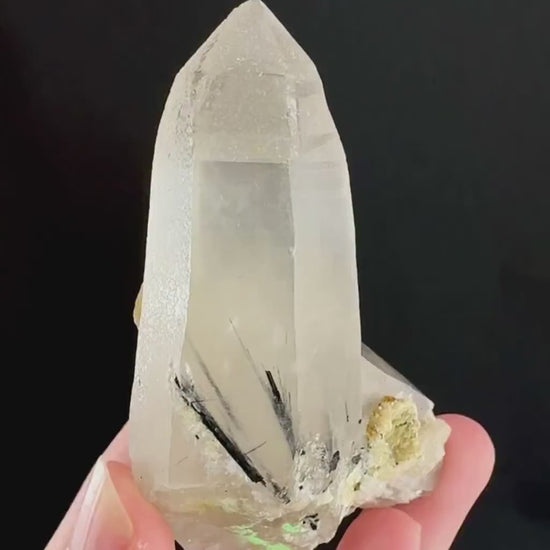 Quartz w/ Black Tourmaline & Hyalite Opal (Erongo, Namibia) | quartz crystal, quartz point, schorl in quartz, mineral specimen