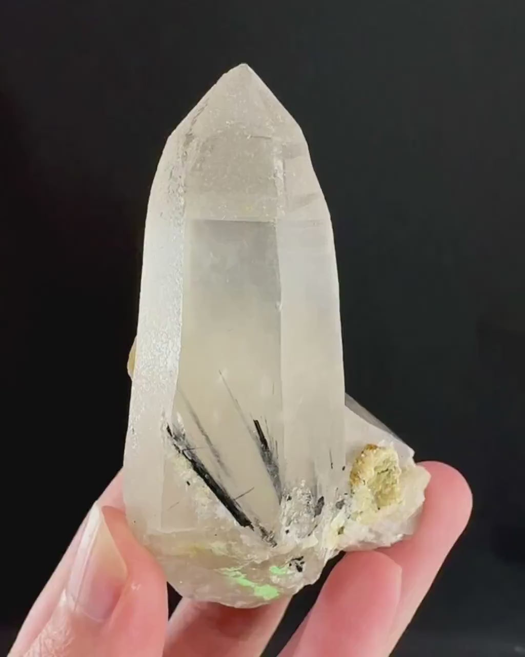 Quartz w/ Black Tourmaline & Hyalite Opal (Erongo, Namibia) | quartz crystal, quartz point, schorl in quartz, mineral specimen