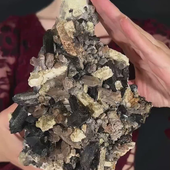 XL Smoky Quartz with Fluorite, Hyalite Opal, Black Tourmaline, & Feldspar | Crystal Cluster from Namibia