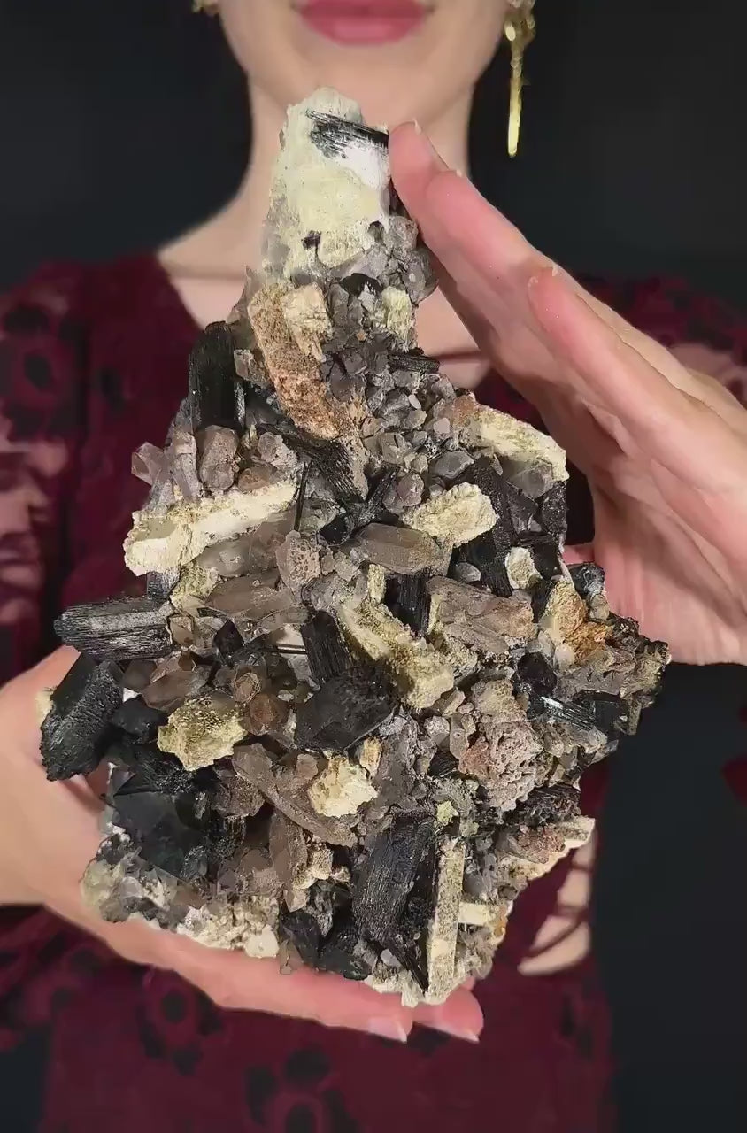 XL Smoky Quartz with Fluorite, Hyalite Opal, Black Tourmaline, & Feldspar | Crystal Cluster from Namibia