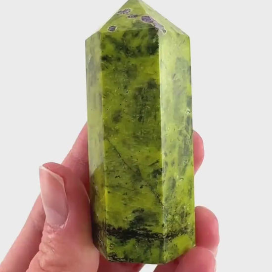 Atlantisite Point (Tasmania) | polished atlantisite crystal tower, stichtite in serpentine, crystal point, rare minerals