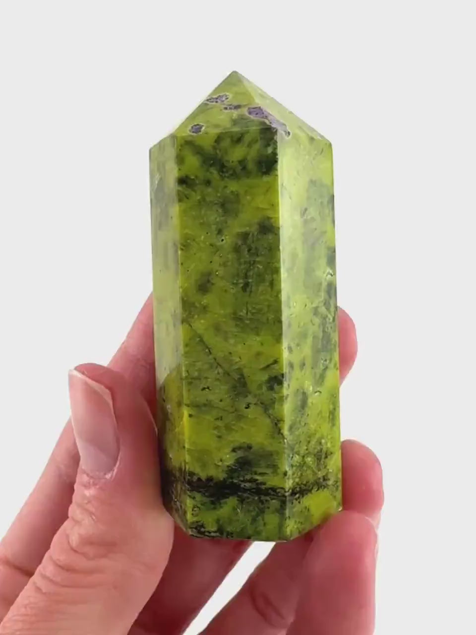 Atlantisite Point (Tasmania) | polished atlantisite crystal tower, stichtite in serpentine, crystal point, rare minerals