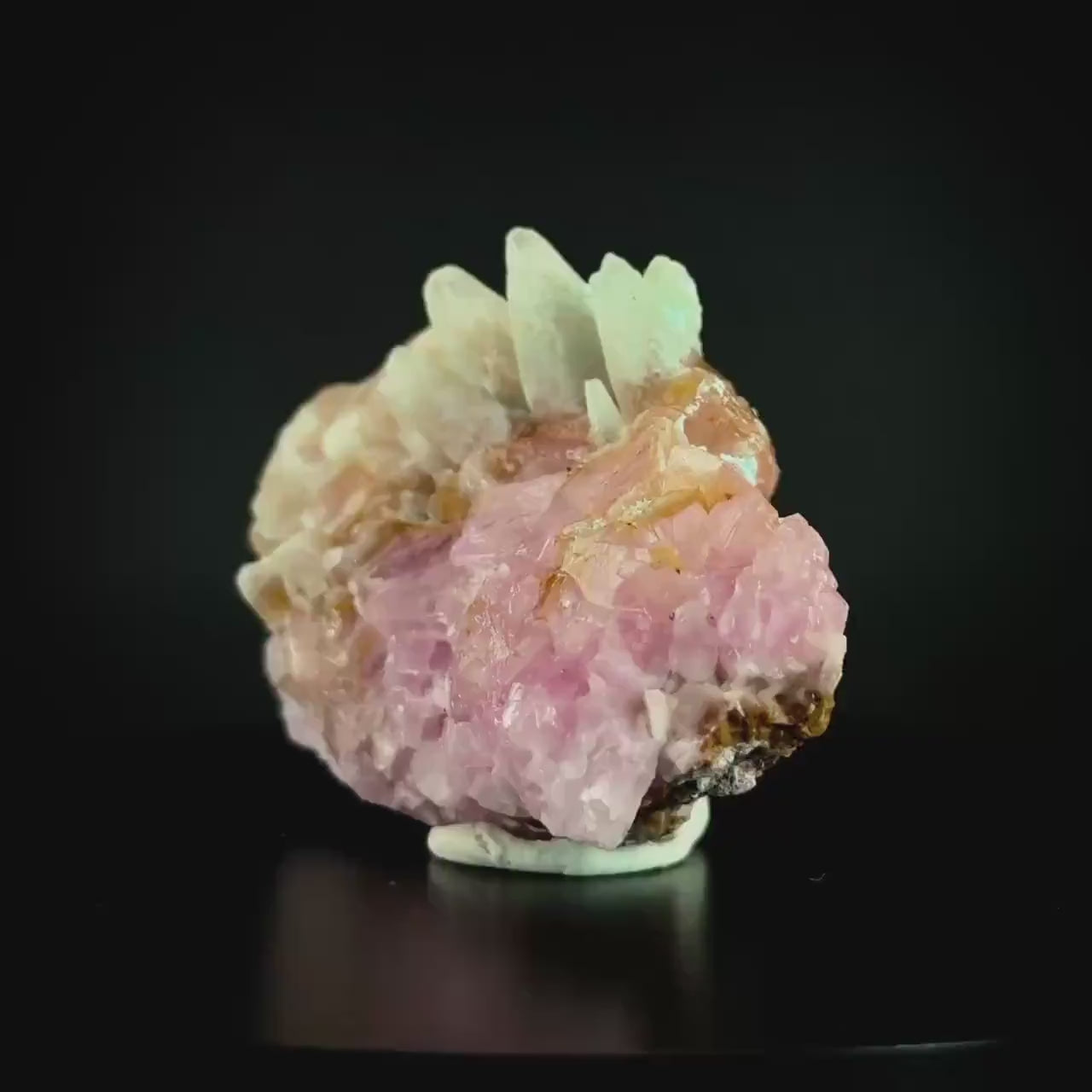 Gem Cobaltoan Calcite with Bisbeeite & Chrysocolla | translucent pink crystal cluster, mineral specimen