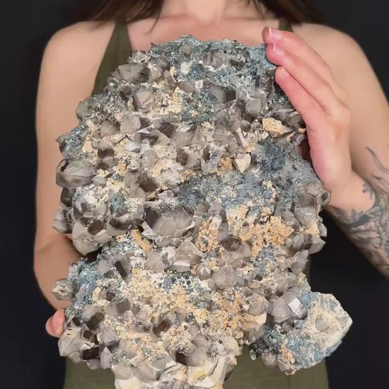 MASSIVE Smoky Quartz with Hyalite Opal, Feldspar, & Foitite | Crystal Cluster from Namibia