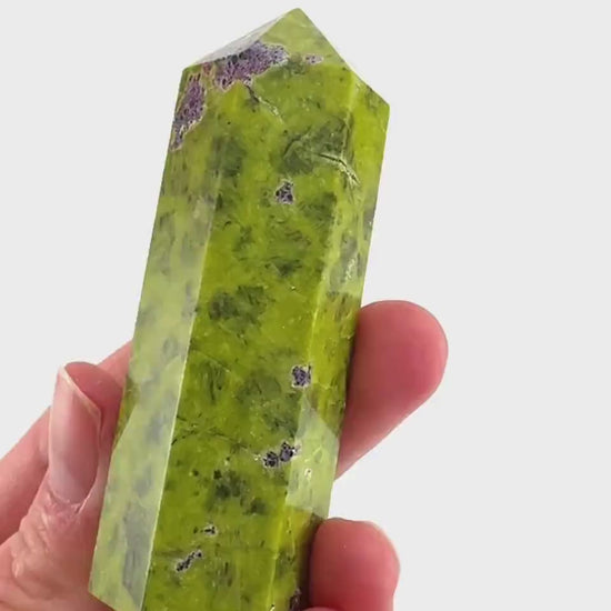 Atlantisite Point (Tasmania) | polished atlantisite crystal tower, stichtite in serpentine, crystal point, rare minerals