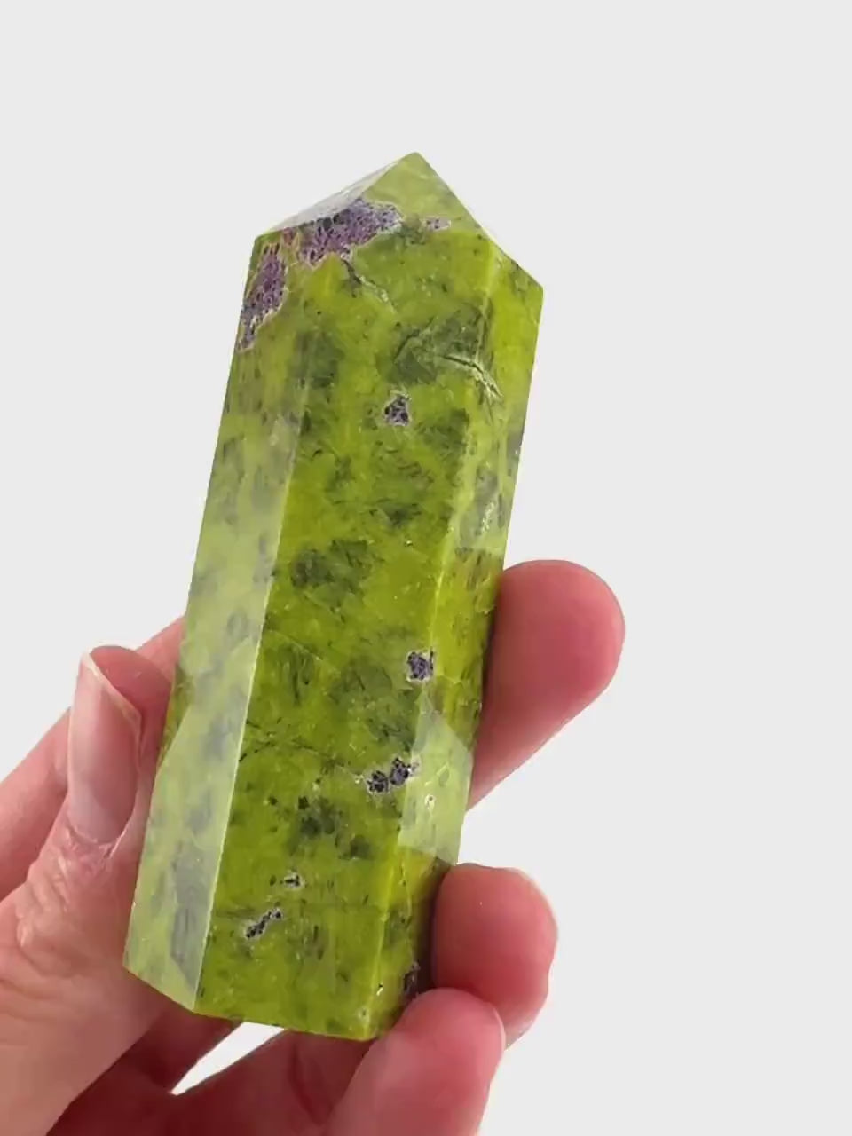 Atlantisite Point (Tasmania) | polished atlantisite crystal tower, stichtite in serpentine, crystal point, rare minerals