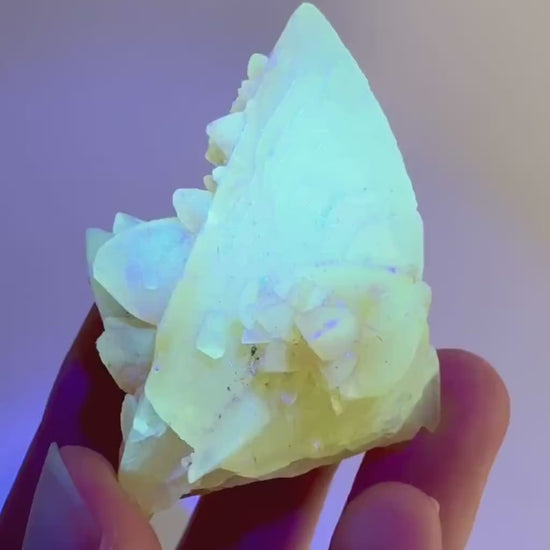 Fluorescent Calcite | UV-reactive raw crystal cluster, natural mineral specimen