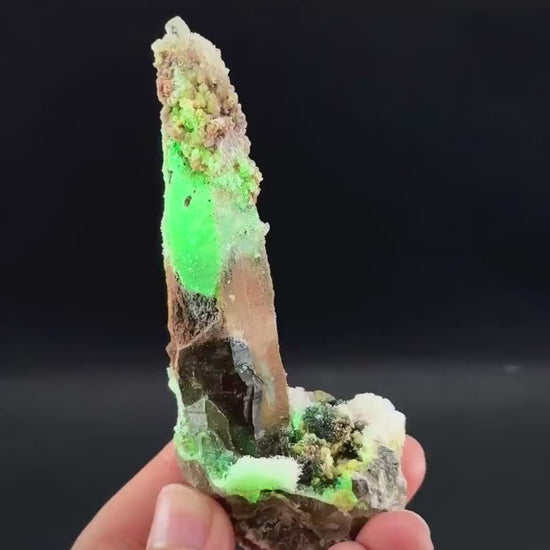 Hyalite Opal on Smoky Quartz (Namibia) | UV reactive Hyalite Opal on smoky quartz crystal