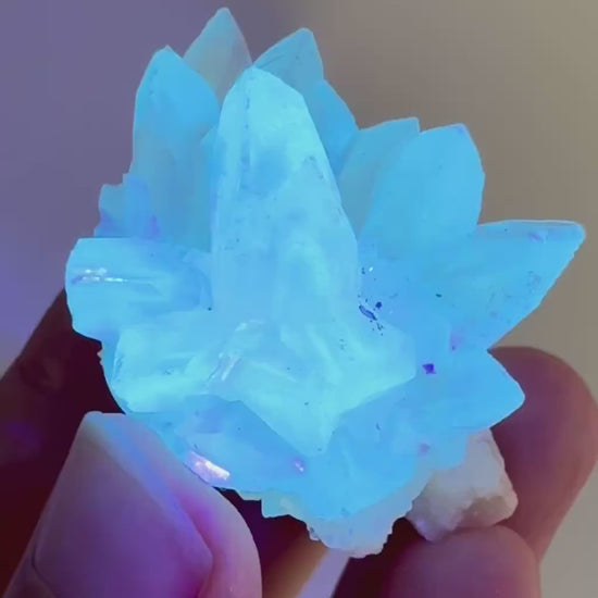 Fluorescent Calcite | UV-reactive raw crystal cluster, natural mineral specimen