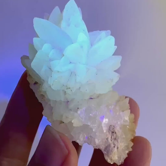 Fluorescent Calcite | UV-reactive raw crystal cluster, natural mineral specimen
