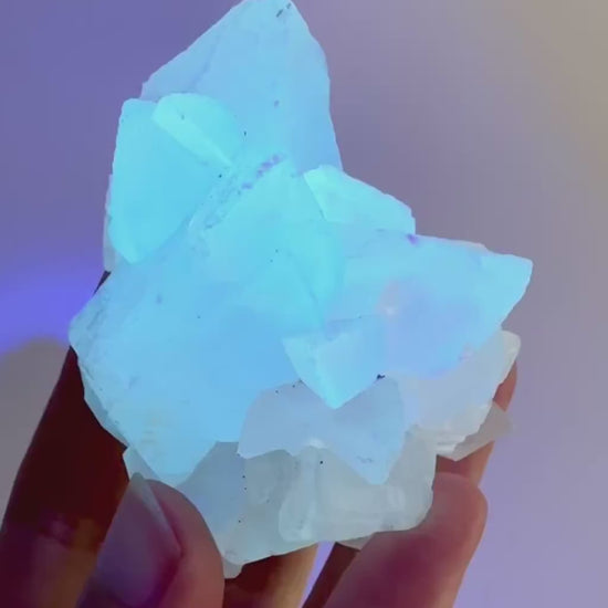 Fluorescent Calcite | UV-reactive raw crystal cluster, natural mineral specimen