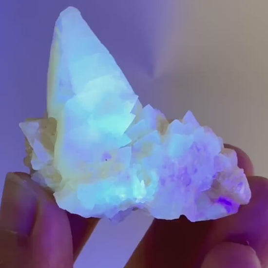 Fluorescent Calcite | UV-reactive raw crystal cluster, natural mineral specimen