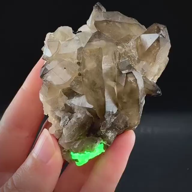 Hyalite Opal on Smoky Quartz (Namibia) | UV reactive Hyalite Opal on smoky quartz crystal