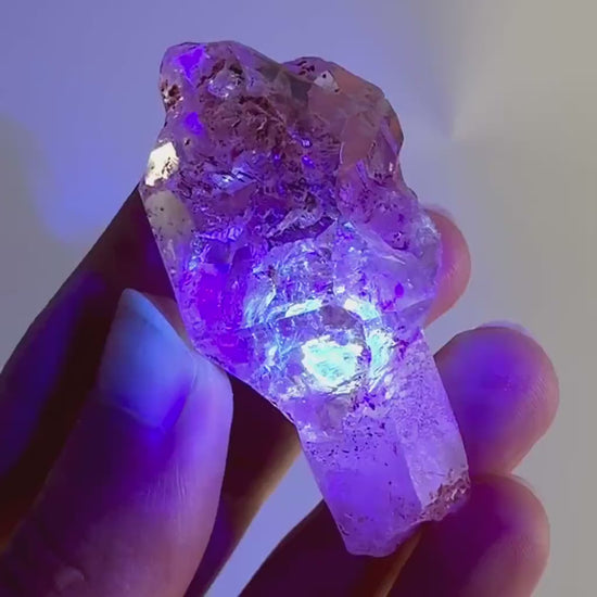 Firefly Petroleum Quartz Sceptre | UV reactive crystal, fluorescent mineral from Madagascar