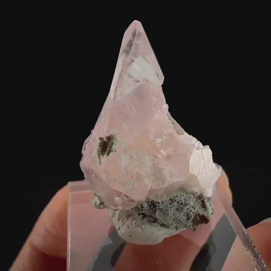 Gem Cobaltoan Calcite with Chrysocolla | translucent pink cobaltoan crystal cluster, mineral specimen