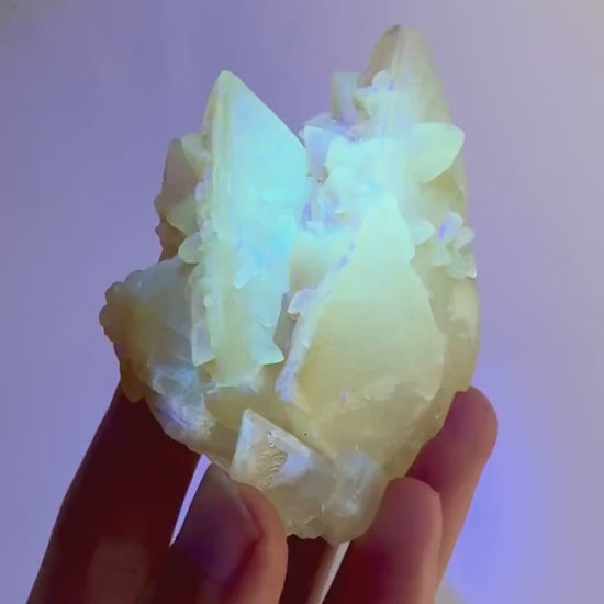 Fluorescent Calcite | UV-reactive raw crystal cluster, natural mineral specimen