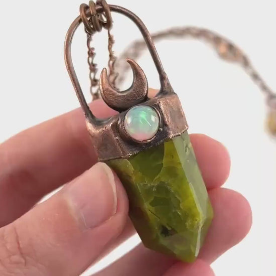 Green Opal & Welo Opal necklace, opal pendant, copper necklace, crystal necklace