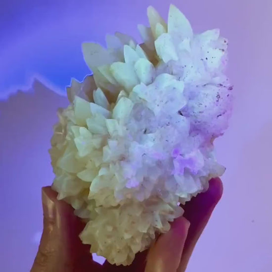 Fluorescent Calcite | UV-reactive raw crystal cluster, natural mineral specimen