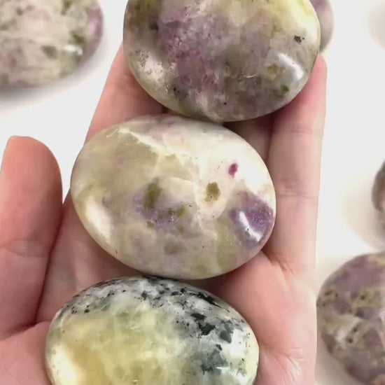Mystic Mica Palm Stone (Madagascar) | epidote with lepidolite & mica, pocket stone, yellow mica, palm stone, polished lepidolite and epidote