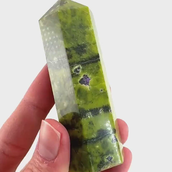 Atlantisite Point (Tasmania) | polished atlantisite crystal tower, stichtite in serpentine, crystal point, rare minerals