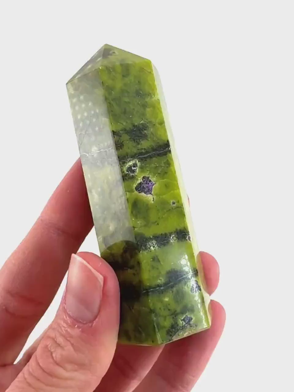 Atlantisite Point (Tasmania) | polished atlantisite crystal tower, stichtite in serpentine, crystal point, rare minerals