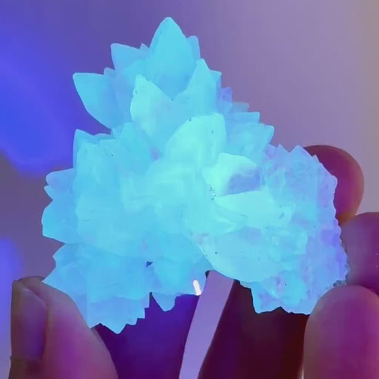 Fluorescent Calcite | UV-reactive raw crystal cluster, natural mineral specimen