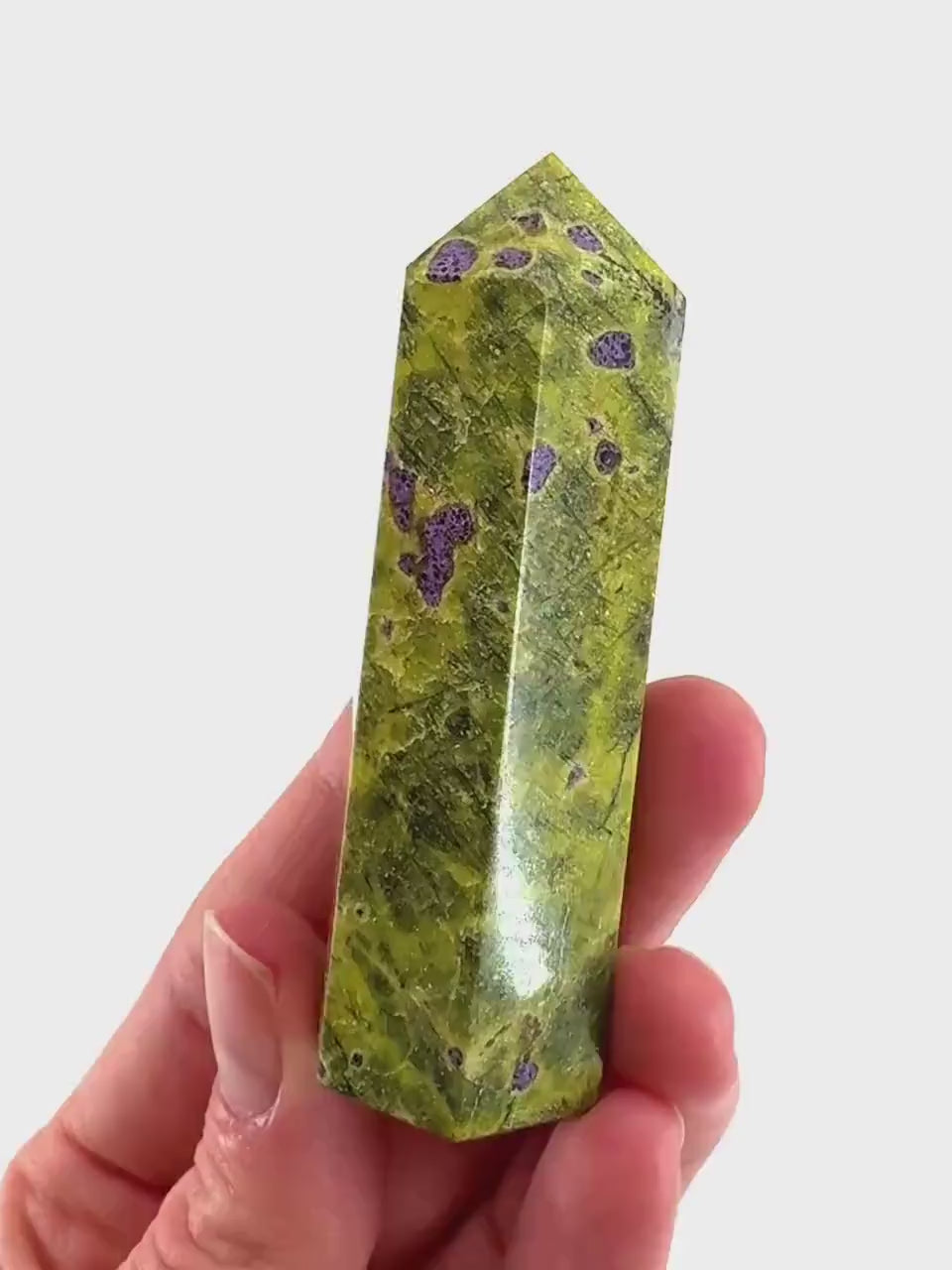 Atlantisite Point (Tasmania) | polished atlantisite crystal tower, stichtite in serpentine, crystal point, rare minerals