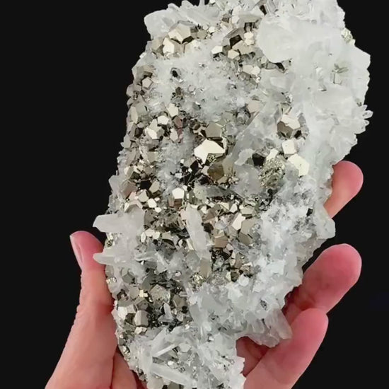 Pyrite on Quartz (Indonesia) | raw pyrite, natural pyrite cluster, quartz crystal, mineral specimen