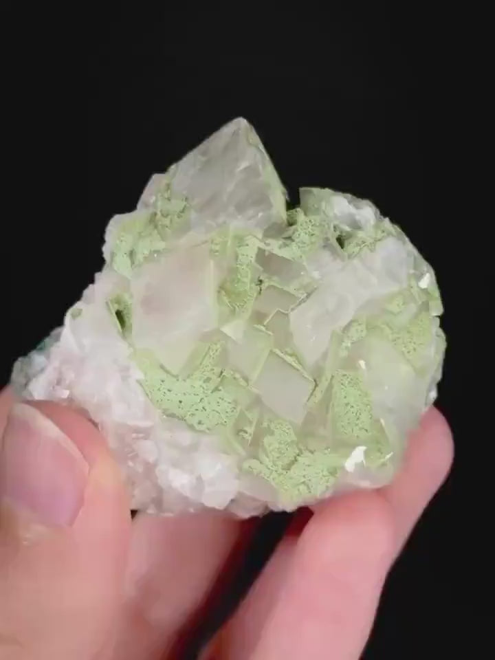 Calcite w/ Duftite (Tsumeb, Namibia) | duftite on calcite crystal, mineral specimen