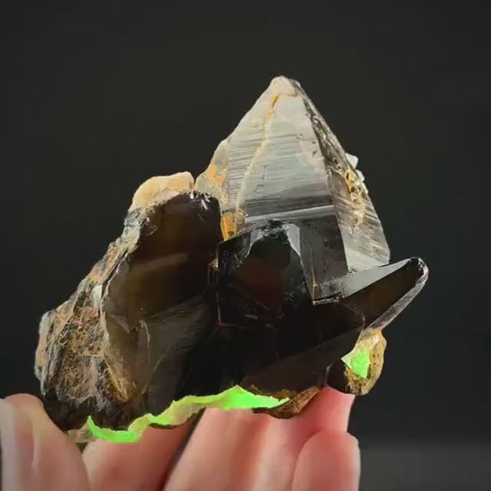 Hyalite Opal on Smoky Quartz (Namibia) | UV reactive Hyalite Opal on smoky quartz crystal