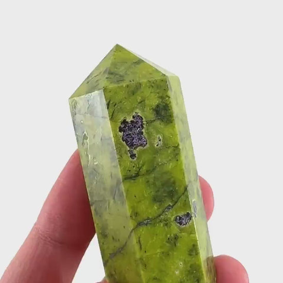 Atlantisite Point (Tasmania) | polished atlantisite crystal tower, stichtite in serpentine, crystal point, rare minerals