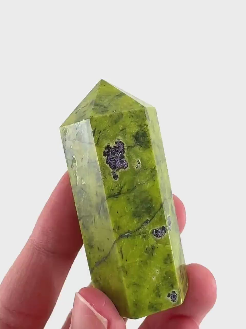 Atlantisite Point (Tasmania) | polished atlantisite crystal tower, stichtite in serpentine, crystal point, rare minerals