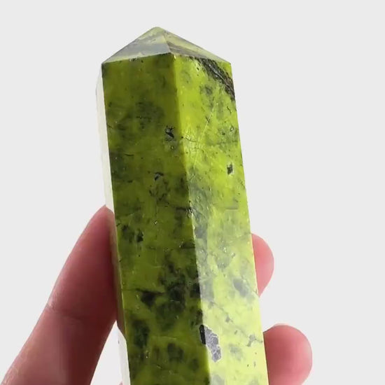 Atlantisite Point (Tasmania) | polished atlantisite crystal tower, stichtite in serpentine, crystal point, rare minerals
