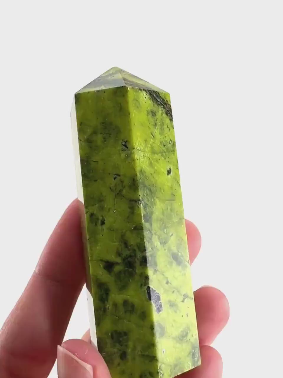 Atlantisite Point (Tasmania) | polished atlantisite crystal tower, stichtite in serpentine, crystal point, rare minerals
