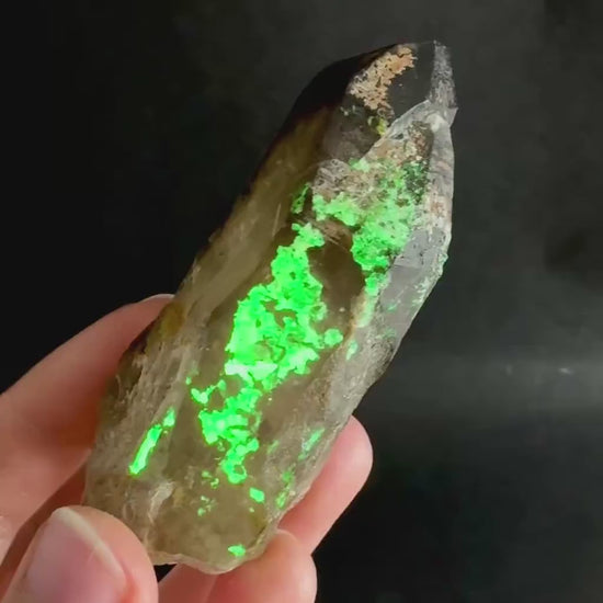 Hyalite Opal on Smoky Quartz (Namibia) | UV reactive Hyalite Opal on smoky quartz crystal